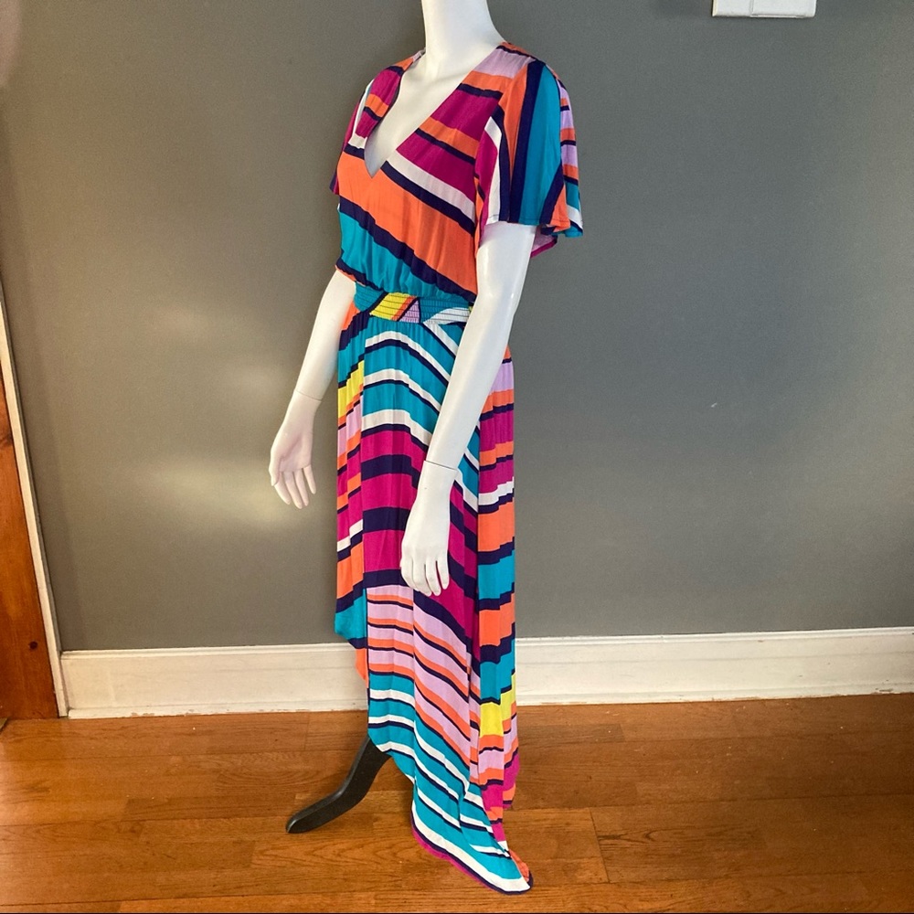 NWT‎ Trina Turk multi-color Flutter sleeve striped v neck dress Small